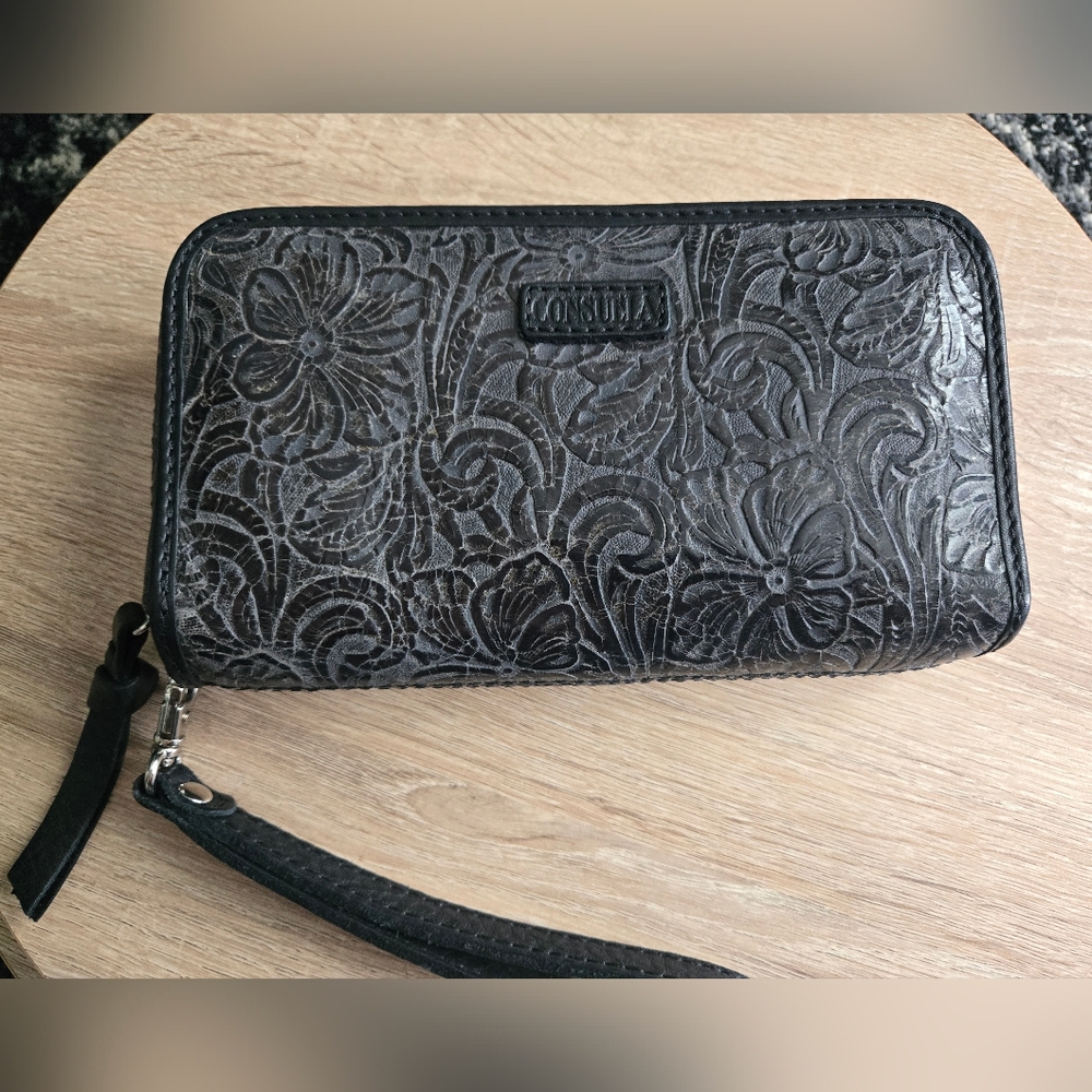 NWOT! Consuela Charcoal Floral Embossed Wristlet